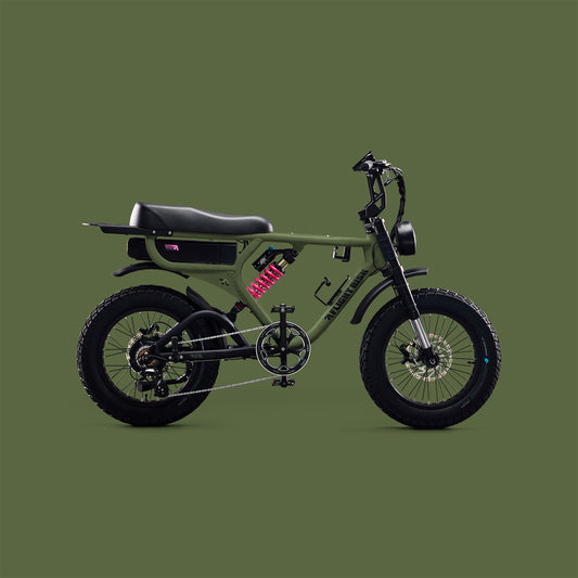 E-bike with GPS tracking, geo fencing, suspension, blinkers, and advanced battery safety. Electric bikes for true adventurers from Flight Risk Australia. The FR555 in Olive