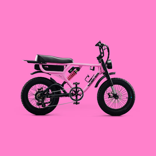 Pink ebike with suspension, gps and blinkers from Flight Risk Australia with the Pink FR555 electric bike