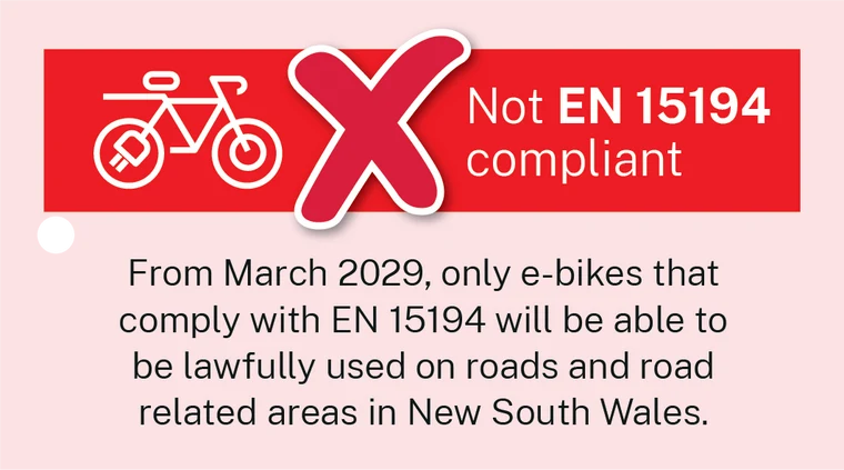 Not EN 15194 compliant. From March 2029, only e-bikes that comply with EN 15194 will be able to be lawfully used on roads and road related areas in New South Wales.