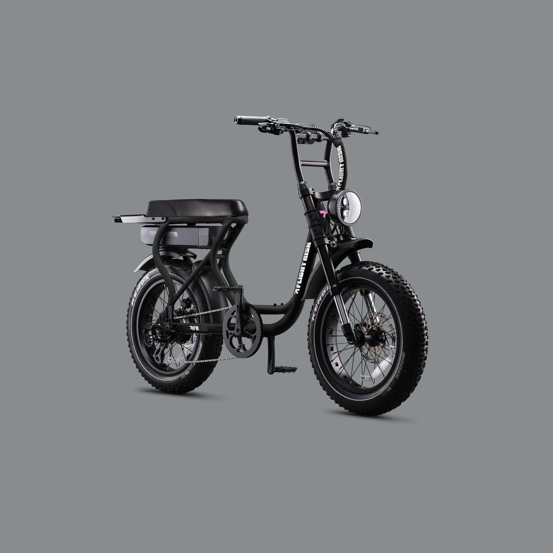 Flight Risk FR303X Black electric bike, front three-quarter view