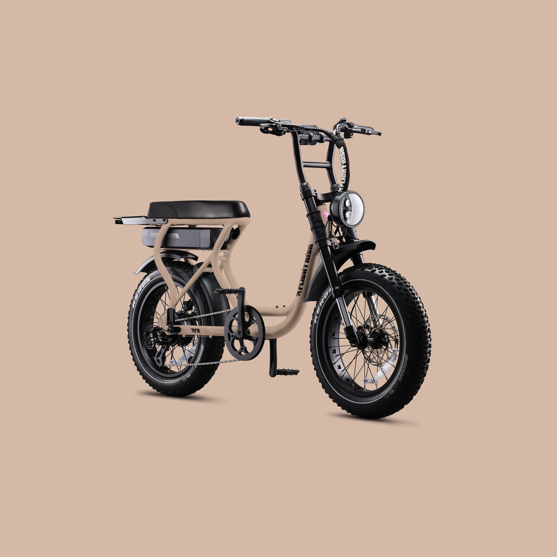 Flight Risk FR303X Champagne electric bike, front three-quarter view