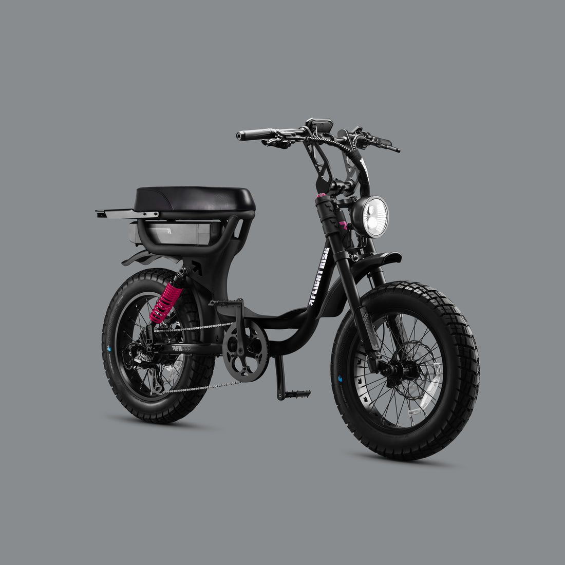 Flight Risk FR333X Black electric bike, front three-quarter view