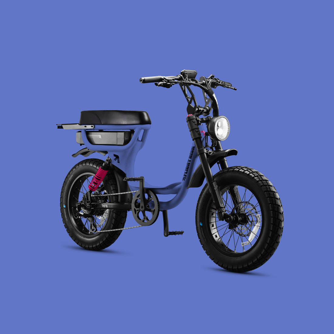 Flight Risk FR333X Blue electric bike, front three-quarter view