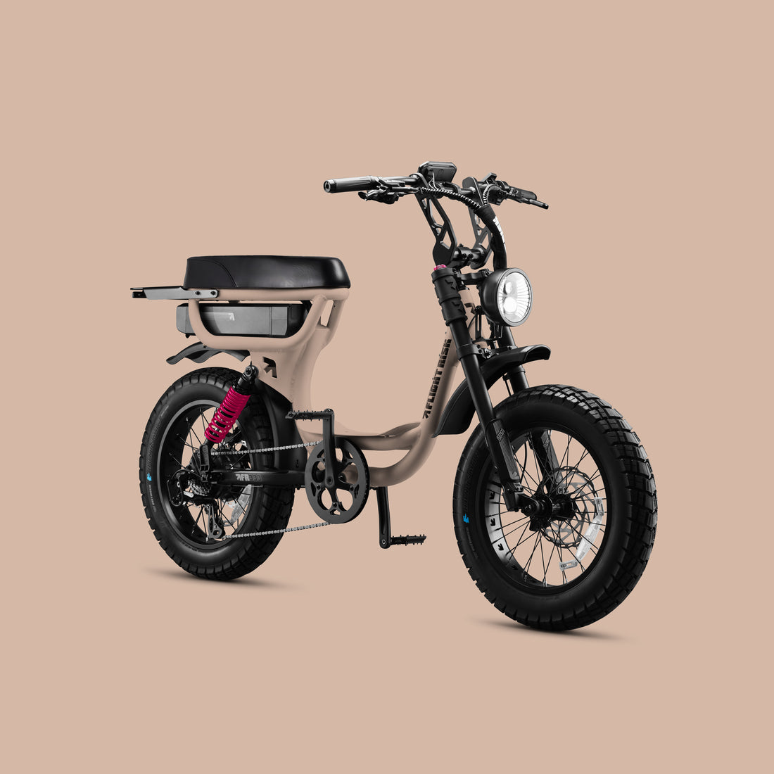 Flight Risk FR333X Champagne electric bike, front three-quarter view