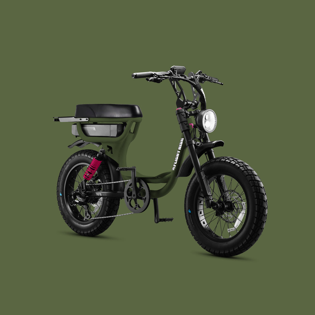 Flight Risk FR333X Olive electric bike, front three-quarter view
