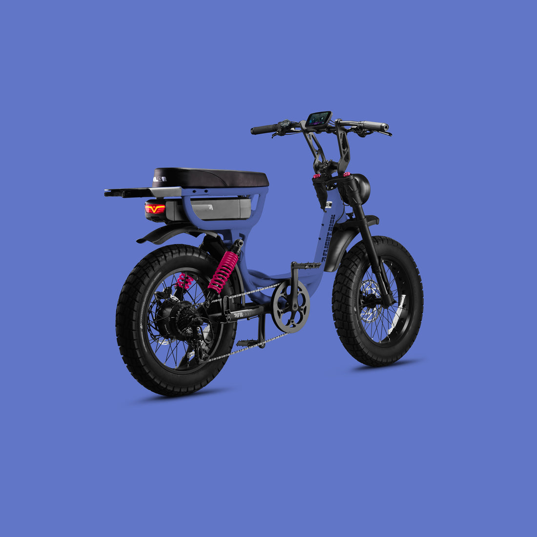 Flight Risk FR333X Blue electric bike, rear three-quarter view