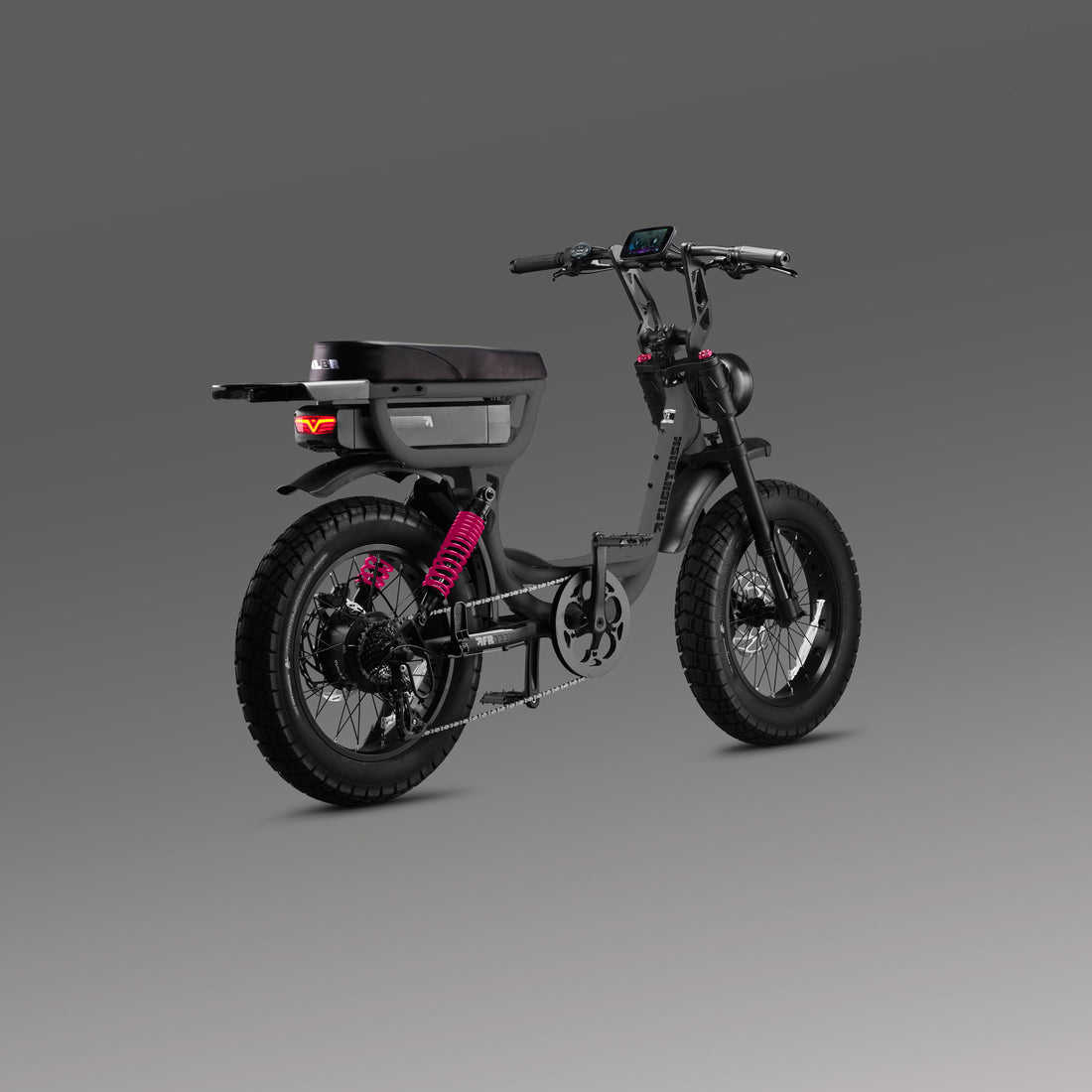 Flight Risk FR333X Metallic Gunmetal electric bike, rear three-quarter view