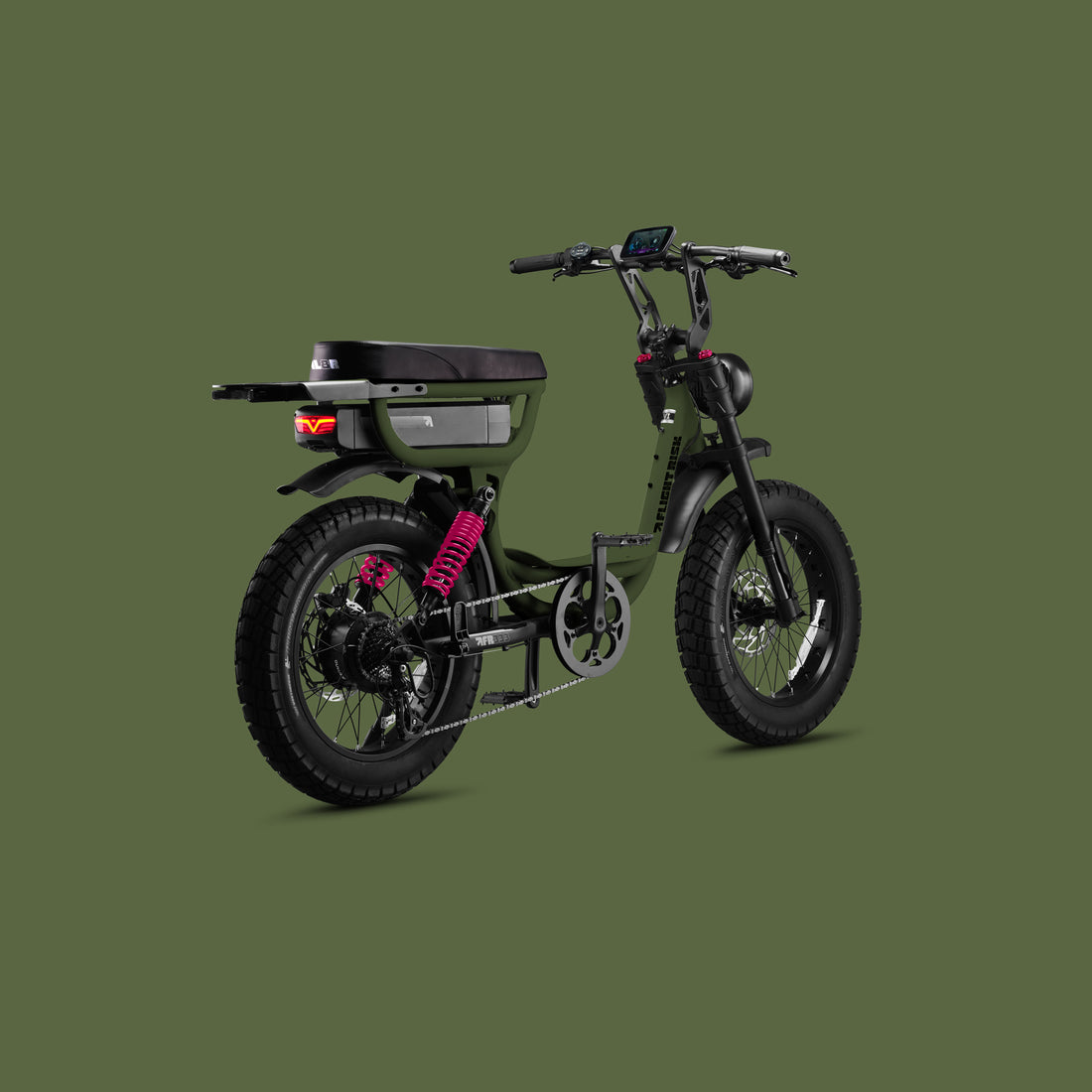 Flight Risk FR333X Olive electric bike, rear three-quarter view