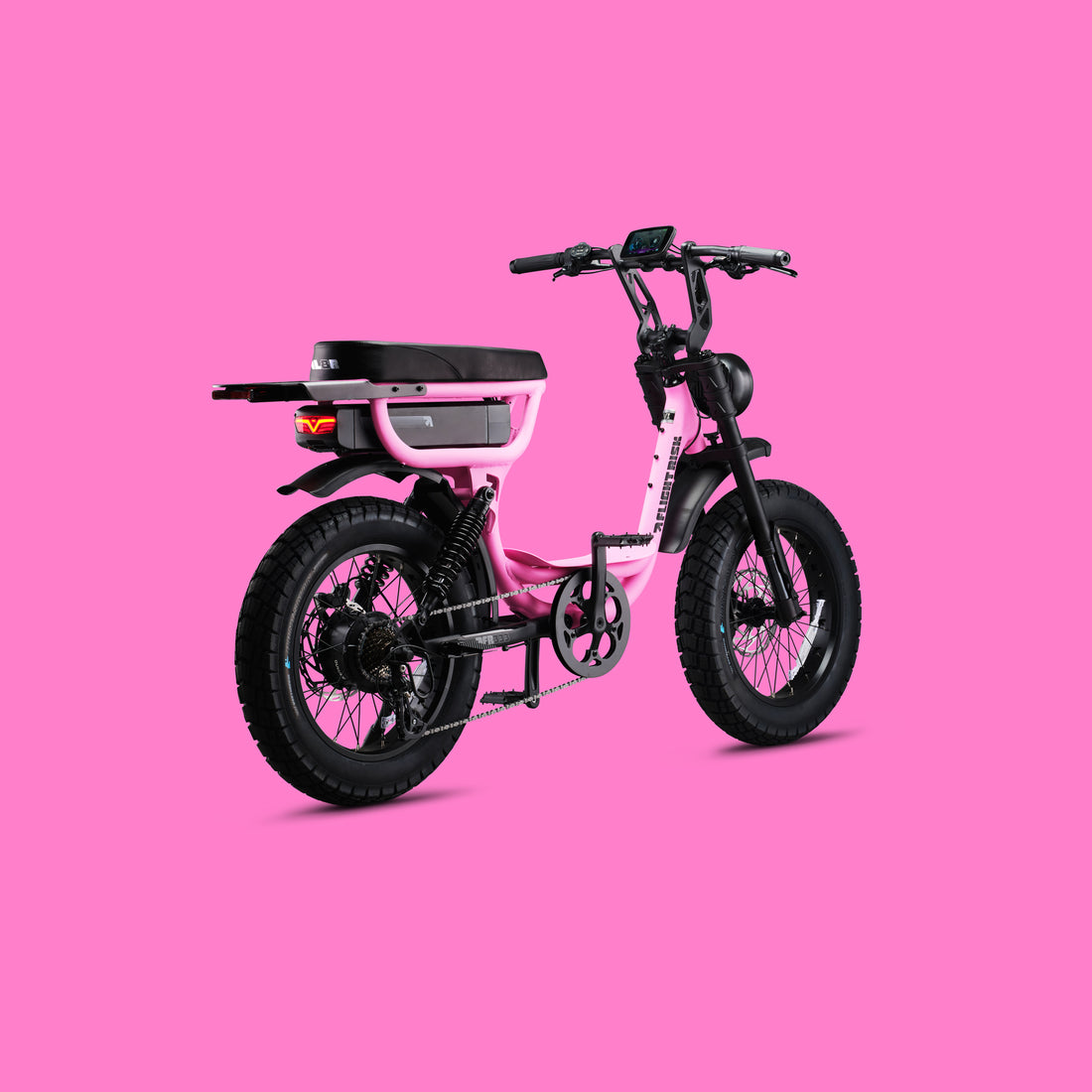 Flight Risk FR333X Pink electric bike, rear three-quarter view