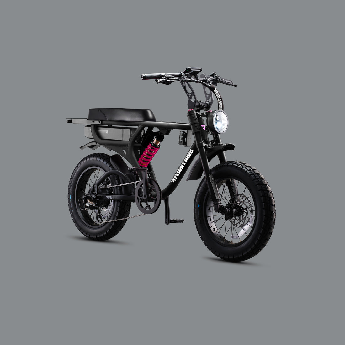 Flight Risk FR555X Black electric bike, front three-quarter view