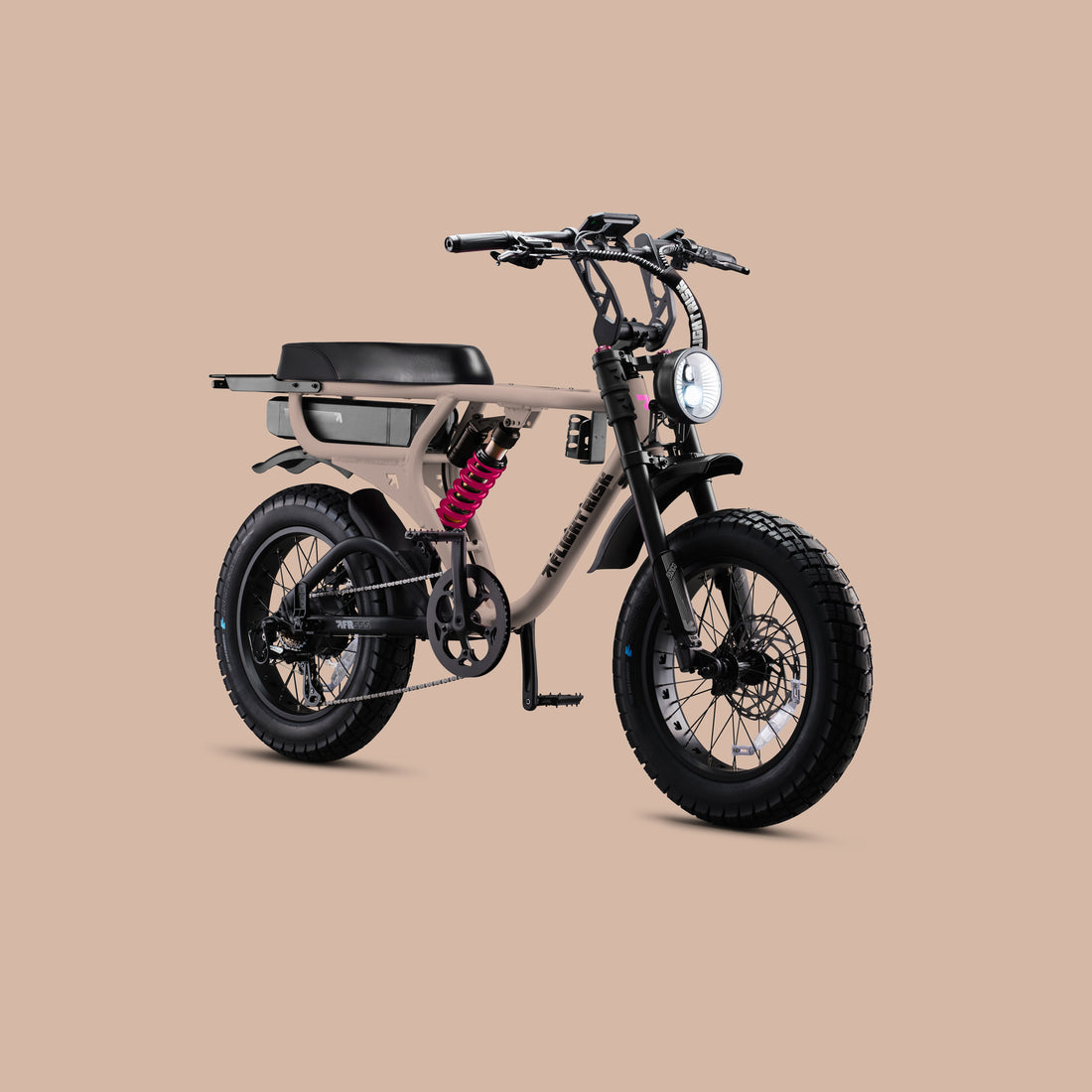 Flight Risk FR555X Champagne electric bike, front three-quarter view