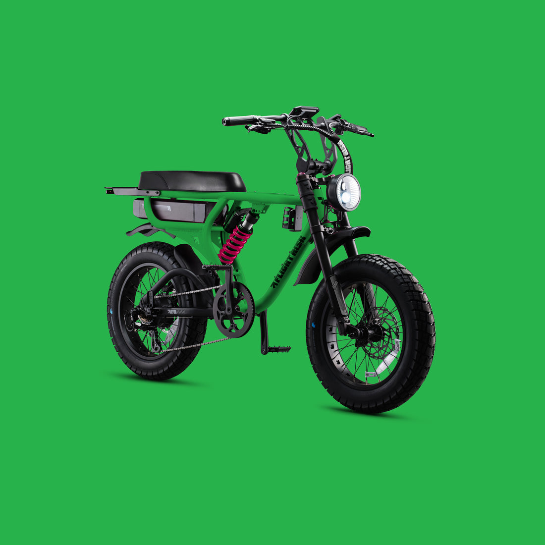 Flight Risk FR555X Green electric bike, front three-quarter view