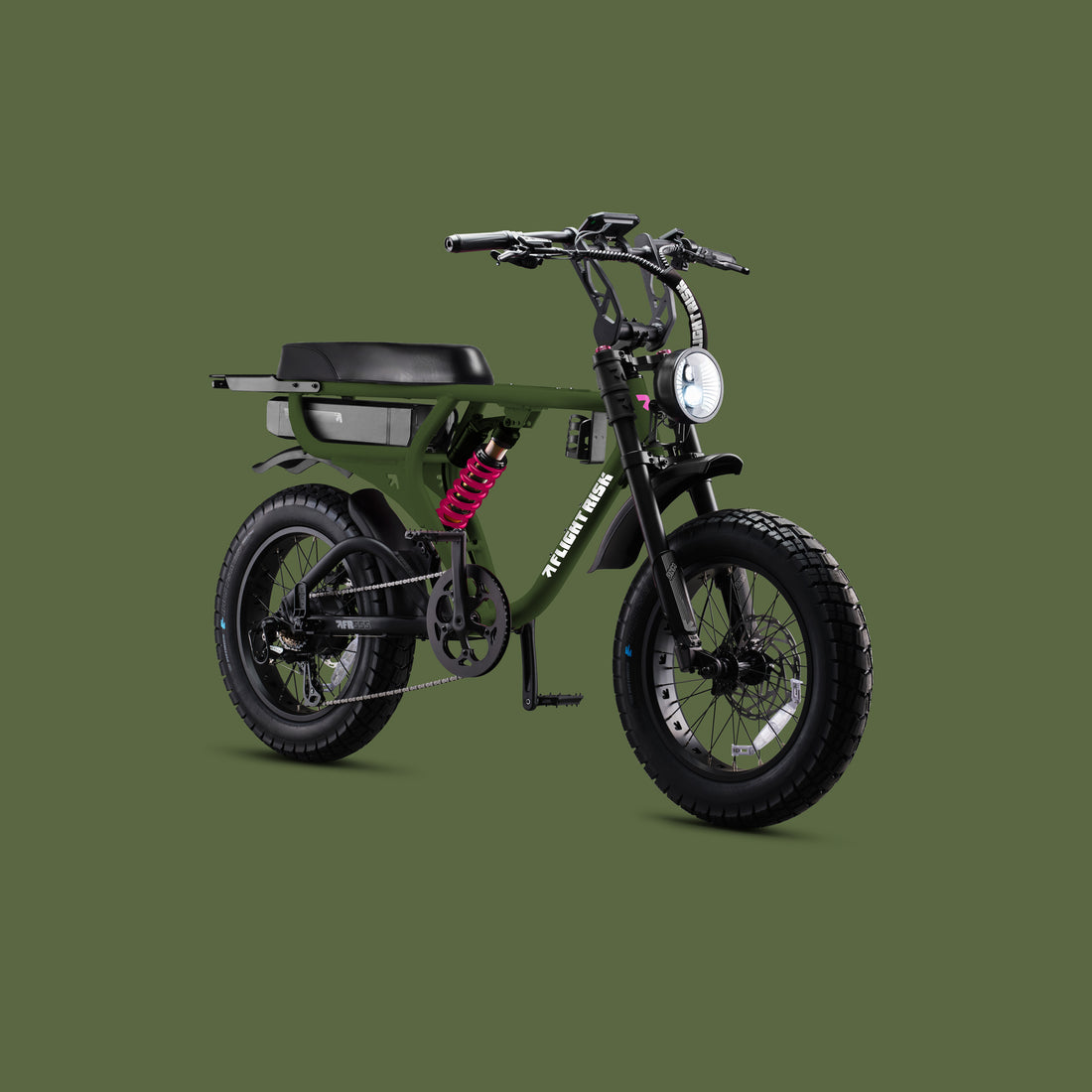Flight Risk FR555X Olive electric bike, front three-quarter view