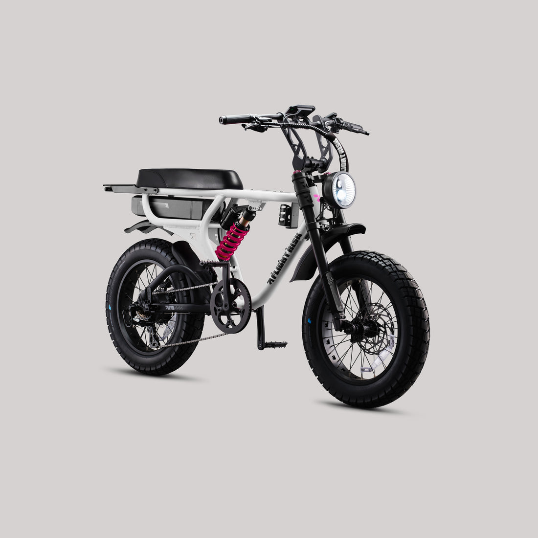 Flight Risk FR555X White electric bike, front three-quarter view