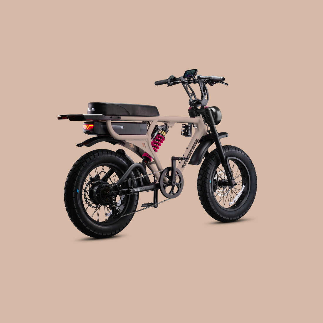 Flight Risk FR555X Champagne electric bike, rear three-quarter view