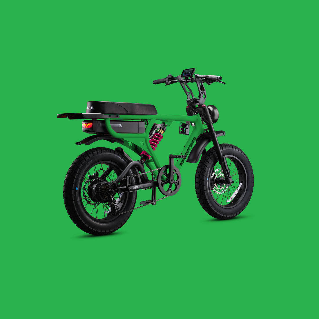 Flight Risk FR555X Green electric bike, rear three-quarter view