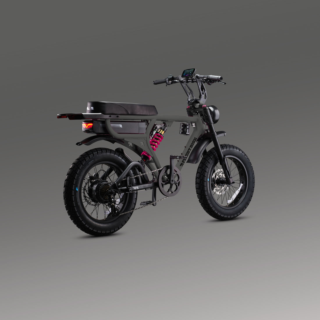 Flight Risk FR555X Metallic Gunmetal electric bike, rear three-quarter view