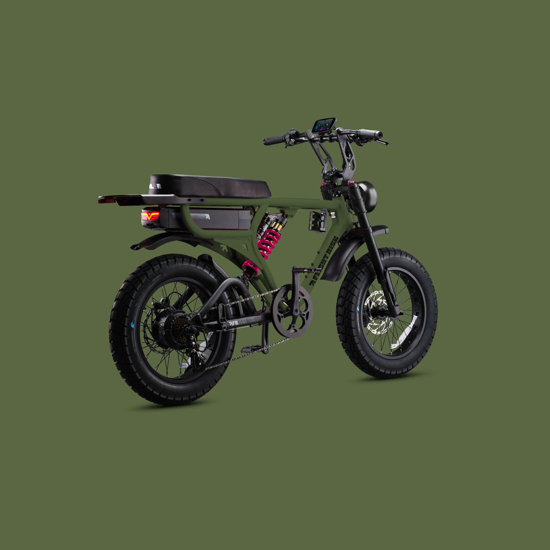 Flight Risk FR555X Olive electric bike, rear three-quarter view