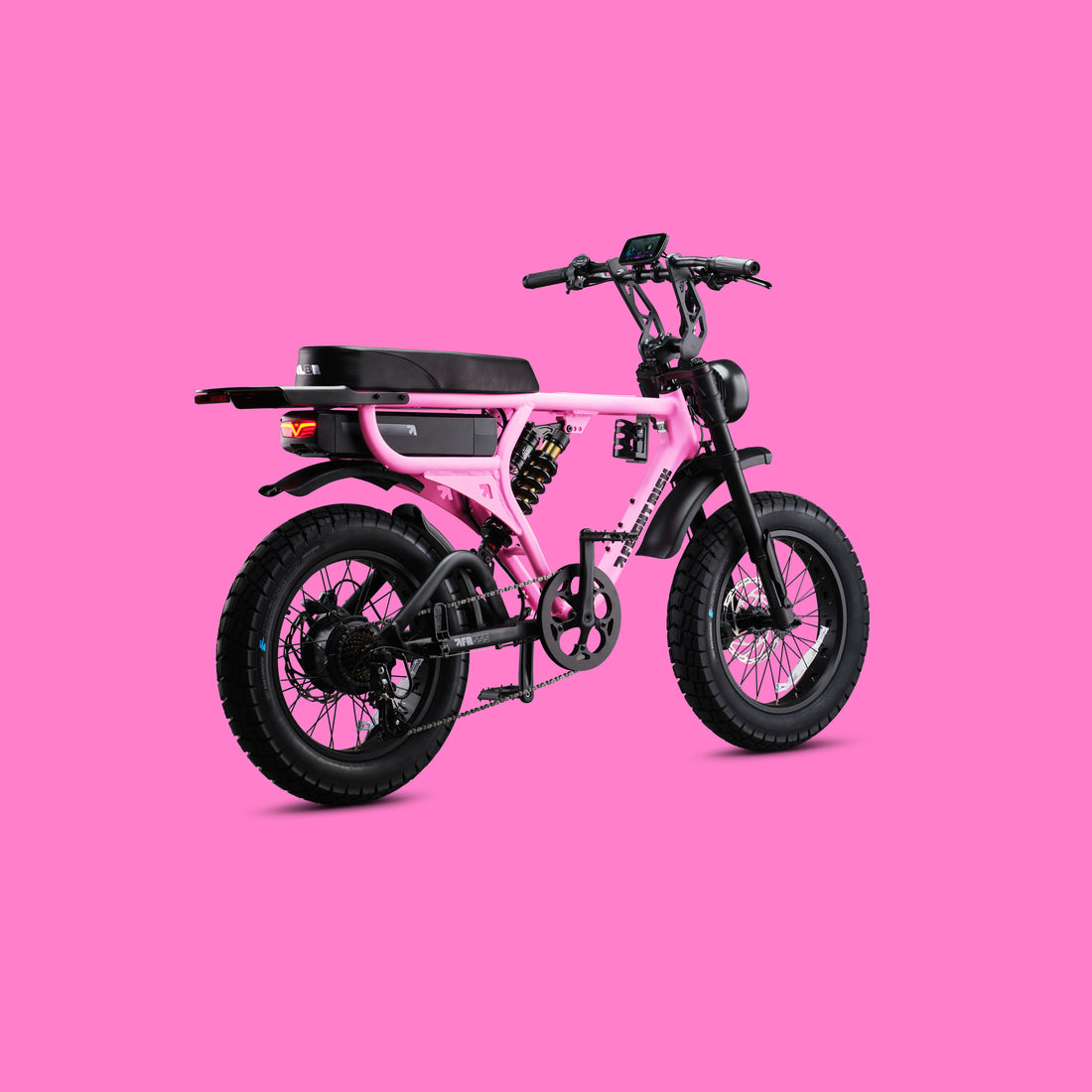 Flight Risk FR555X Pink electric bike, rear three-quarter view