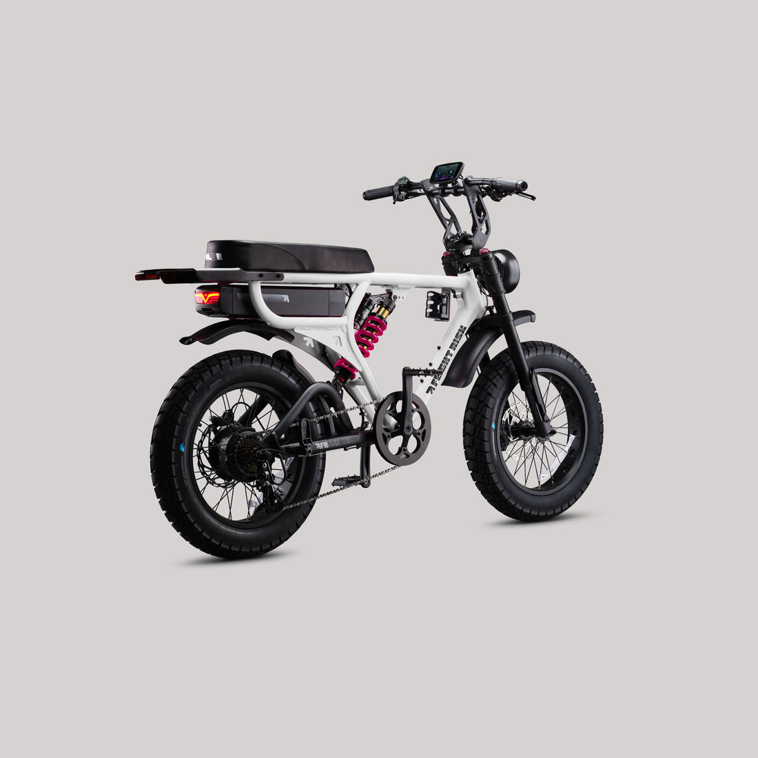 Flight Risk FR555X White electric bike, rear three-quarter view