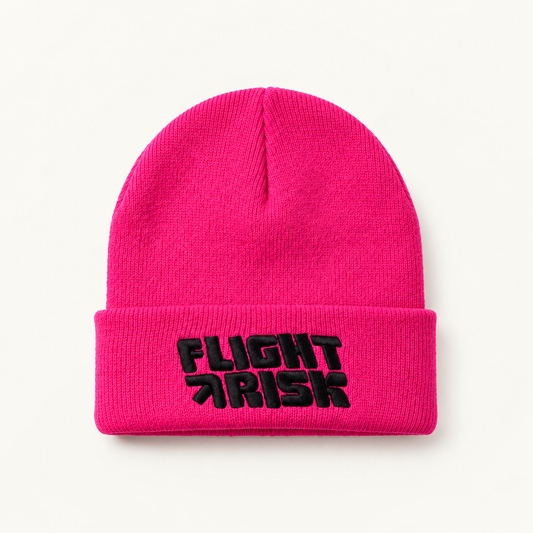 Flight Risk pink beanie with black Flight Risk logo embroidery